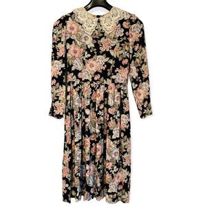 Vintage Petite Lanz Black Floral Lace Collar Dress w/ Pockets Size 6